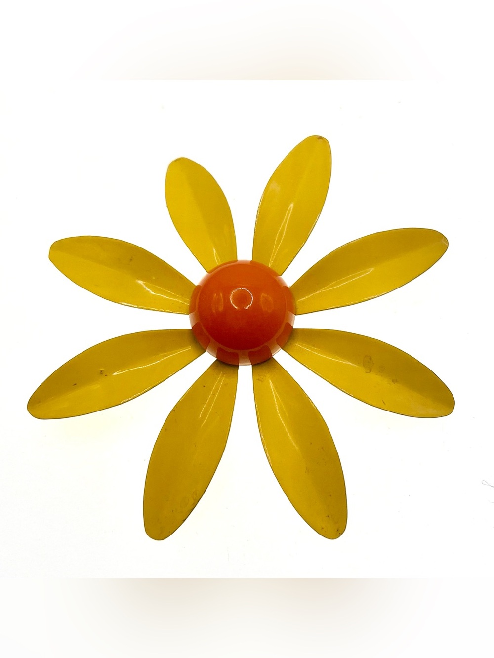 Vintage 1960s Mod Enamel Flower Brooch Yellow Orange 2.75” Mid Century MCM